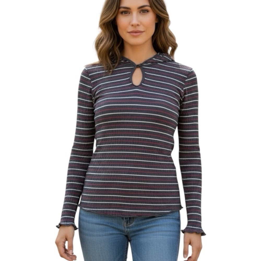 Lole Small Long Sleeve Grey Stripe Hooded Shirt Casual Outdoor